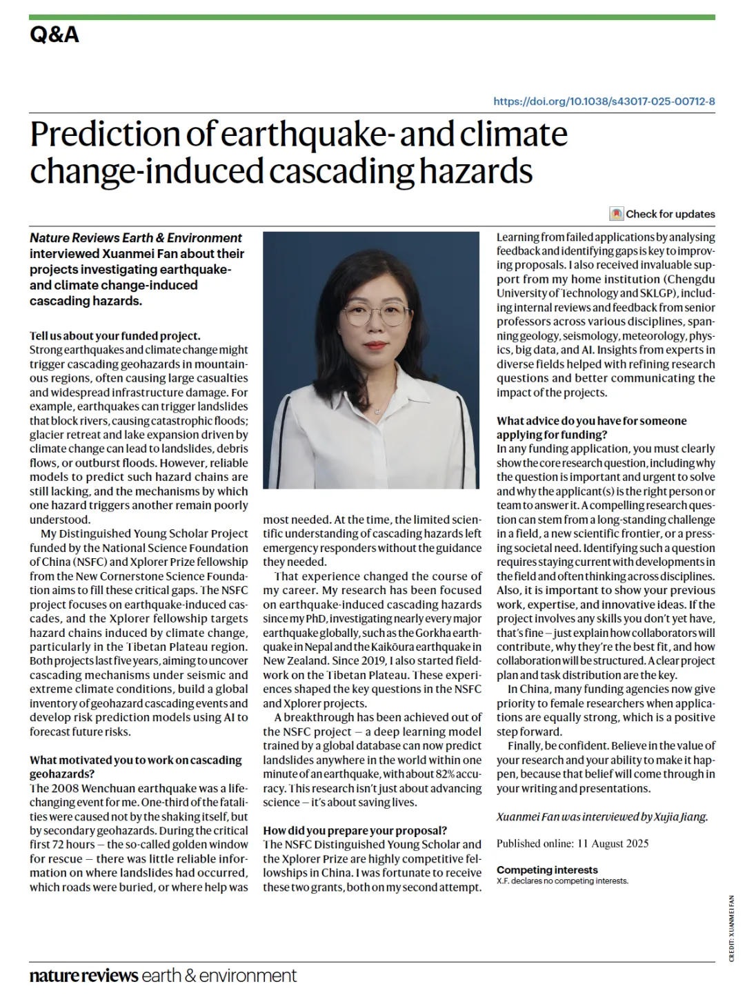 Nature Reviews Earth Environment Interviewed Xuanmei Fan About Their